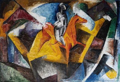A.H.S. Pferd mit Figur. Öl auf Rupfen. 1919. Monogrammiert u. datiert '(19)19'. 70 x 99 cm.