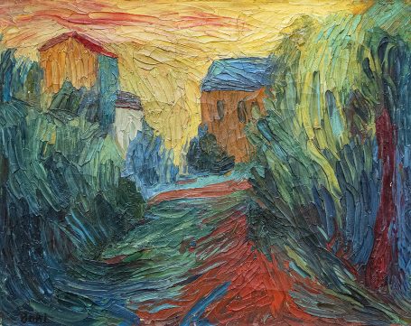 Berlit, Rüdiger (Leipzig 1883 - 1939). Landschaft mit Häusern. Öl auf Leinwand. Um 1920. Signiert. 33 x 41,5 cm. Gerahmt. 