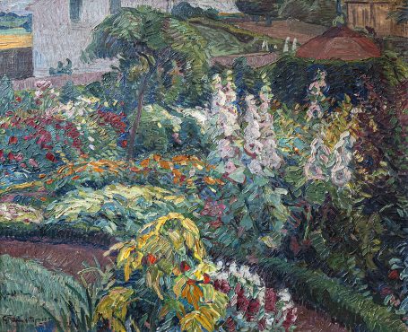 Burmester, Georg (Barmen/Wuppertal 1864 - 1936 Möltenort). Bauerngarten (Maltzen). Öl auf Leinwand. 1913. Unten links signiert. 61 x 75 cm. 